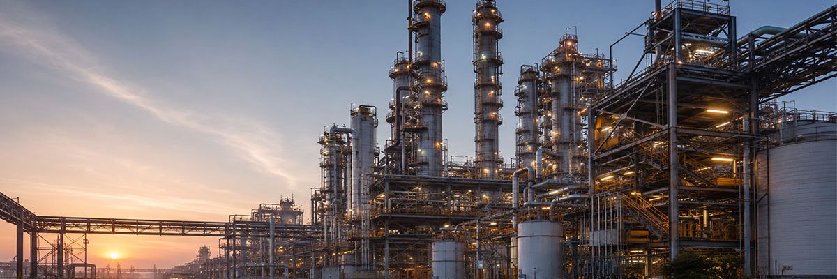 Industrieanlage mit hohen Destillationskolonnen, isolierter Cold Box und weitläufigem Rohrleitungssystem.