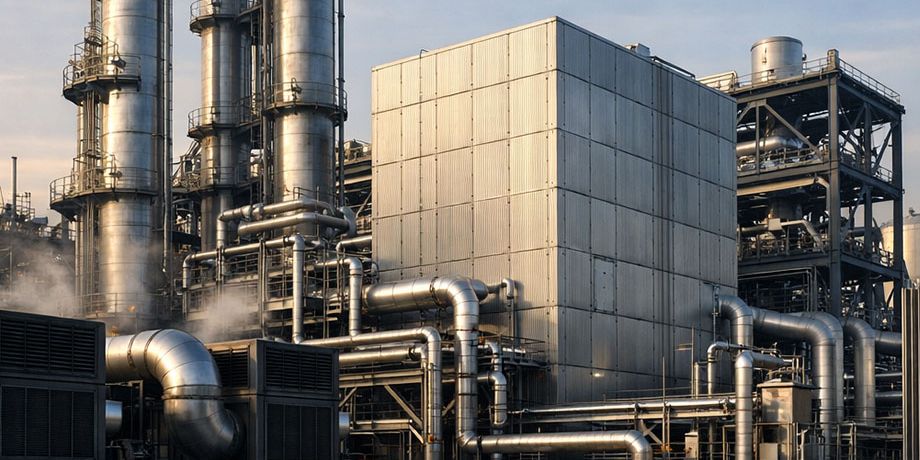 Industrieanlage mit hohen Destillationskolonnen, isolierter Cold Box und weitläufigem Rohrleitungssystem.