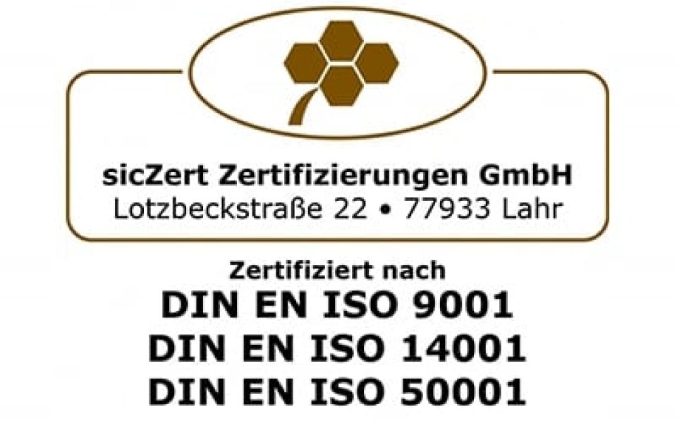 Aktuelle Zertifikate ISO 9001, ISO 14001, ISO 50001