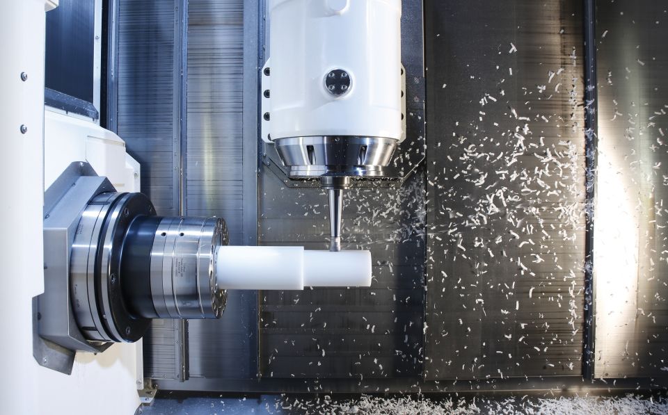 A complex plastic part machined by the turn-mill technique