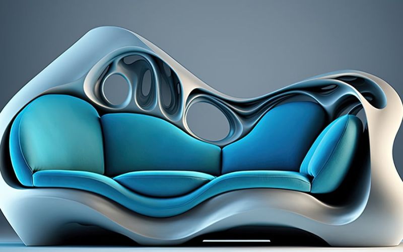 A modern couch with turquoise upholstery
