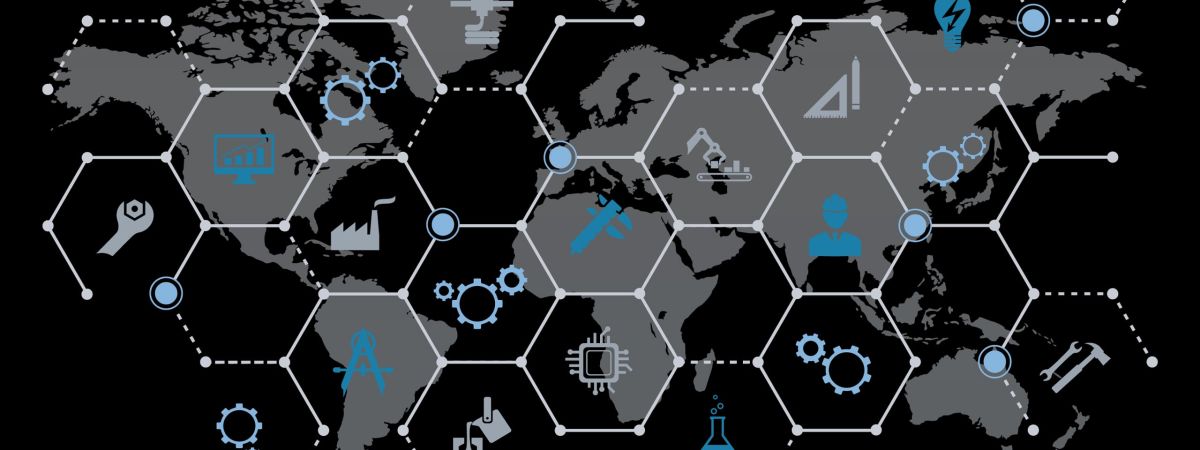 A networked process with the world map in the background